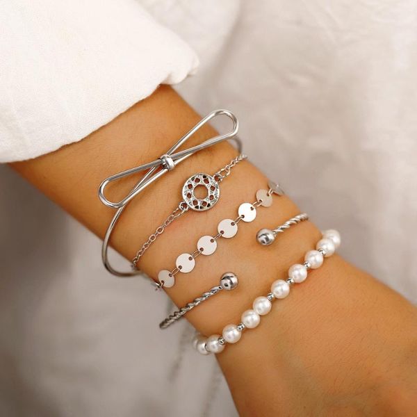 

european and american creative retro simple pearl disc bracelet set 5 piece set new bracelet, Black
