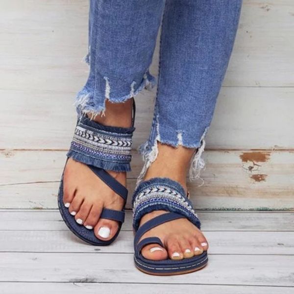 

women flat sandals summer beach flip flops bohemian women buckle ankle-wrap shoes tassels casual summer shoes sandales femme d25, Black