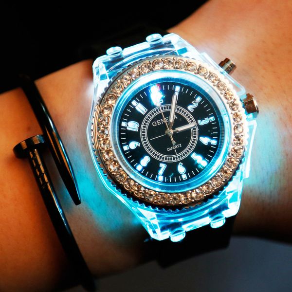 

male and female students luminous personality rhinestone watch fashion trend harajuku style watch couple jelly quartz, Slivery;brown
