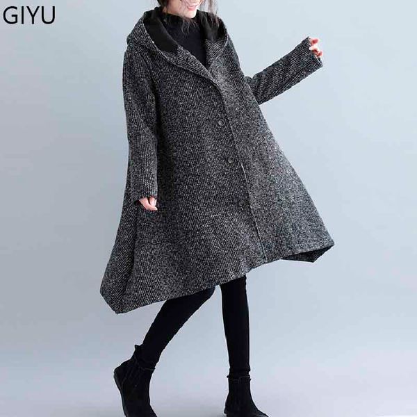 

2019 new plus size women woolen & blends thicken winter outerwear oversize vintage loose female clothing hooded jackets coat 4xl, Black