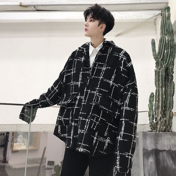 

men's jackets male loose streetwear hip hop jacket overcoat shirt outerwear men fashion casual plaid wool coat, Black;brown