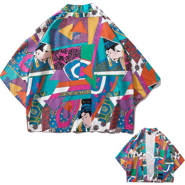 

летом японский многоцветный кусковой лоскутная пять точек рукава кимоно мужские и женский плащ jacke caricatures человек рубашки, White;black