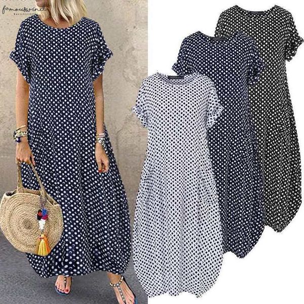 

2020 bohemian polka dot baggy dress womens summer sundress fashion short sleeve tunic maxi vestidos female casual robe, Black;gray