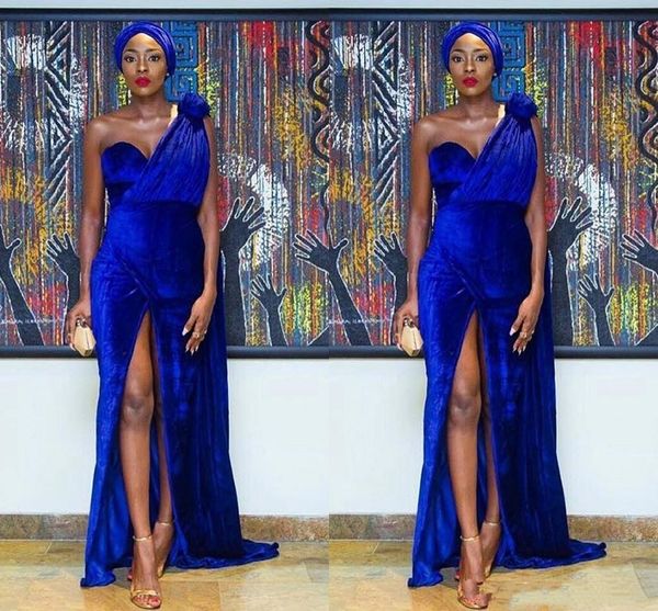 

2020 elegant one shoulder velvet mermaid nigeria evening dresses handmade flower front split arabic formal celebrity dresses, Black;red