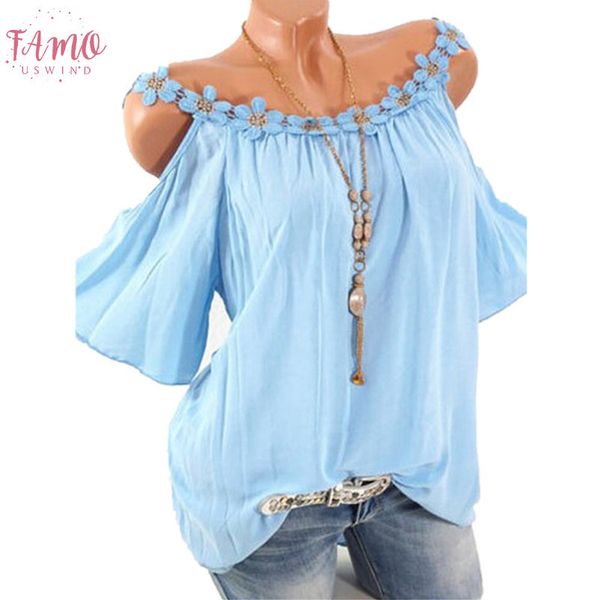 

5xl large size polyester 2019 summer plus size women flare sleeve casual loose tee shirts off shoulder strap lace splice, White