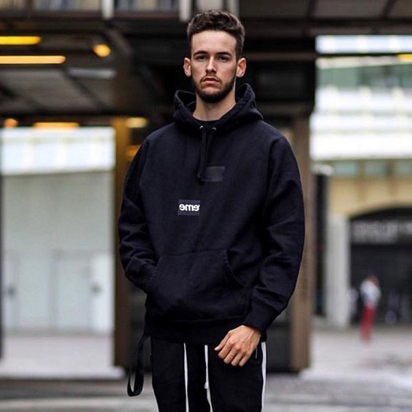 

18fw split box logo displaced hoodies sweatshirt casual street solid hooded pullover sweater winter couple hoodies, Black