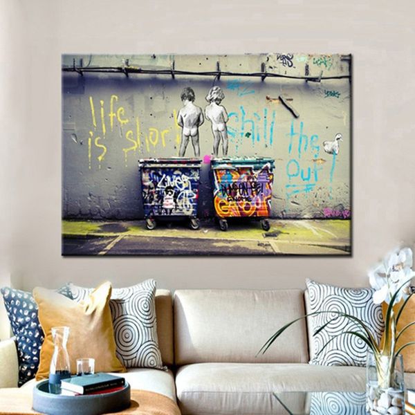 

graffiti art two nude naughty kids painting wall art for living room home decor (no frame