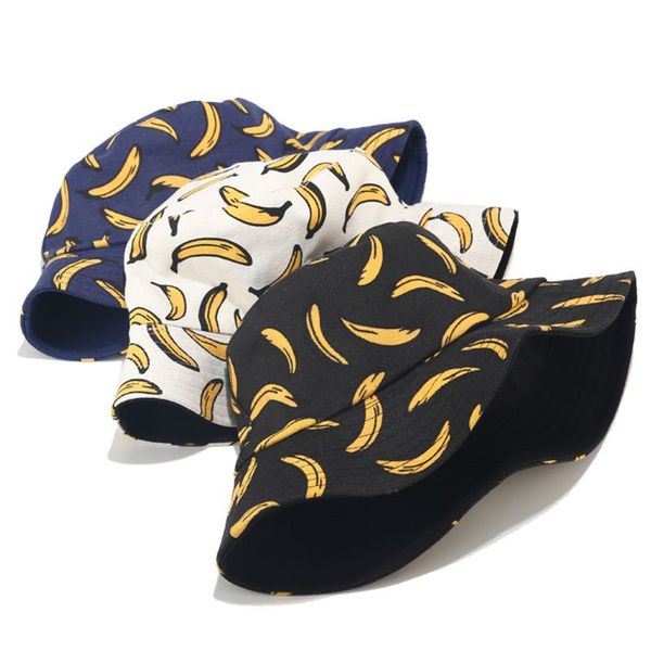 

women men couples bohemian banana print bucket hat summer reversible packable hip hop harajuku streetwear canvas fisherman cap