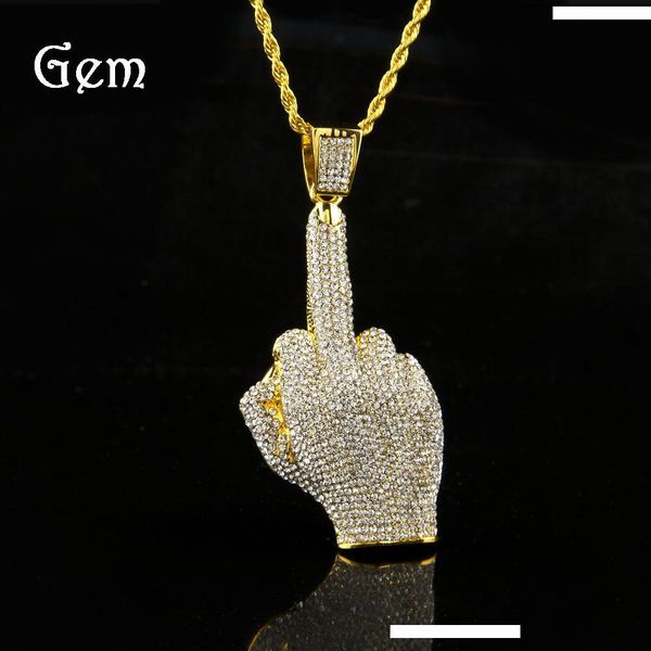 

men women 18k gold full rhinestone big middle finger necklaces bling crystal chains vogue jewelry gifts hip hop pendants, Silver