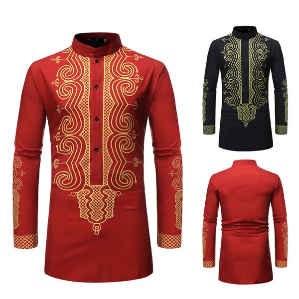 

men's long sleeve printed long shirt with personality base ethnic style shirt, White;black