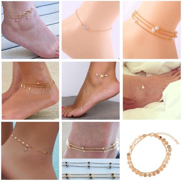 

europe and america accessories 9-piece sequin starfish pearl anklet women's speed selling foot ornaments set a001, Red;blue