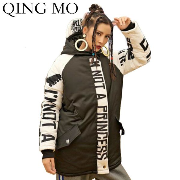 

qing mo winter women hooded parkas 2019 women patchwork parka female thick warm parkas black cotton padded coat oversize zqy2402