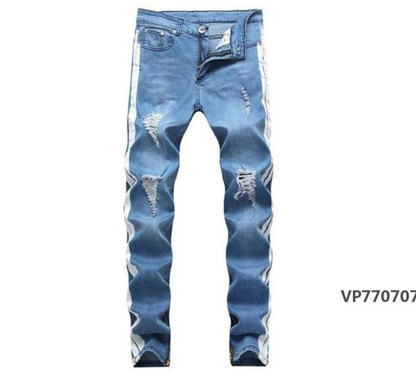 

mens jeans fashion street style washed ripped holes pencil pants long trousers hommes pantalones pants for men, Blue