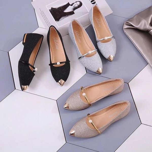

women flats shoes spring bling gold pointed toe mary janes shoes woman slip on flat bead ladies comfortable loafers, Black