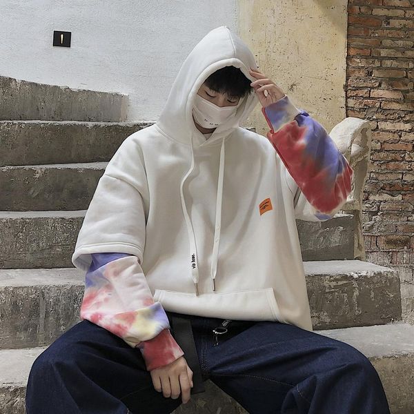 

2019 men's cotton casual clothes hooded hoodies pullover printing splicing oversized style sweatshirt loose streetwear coats, Black