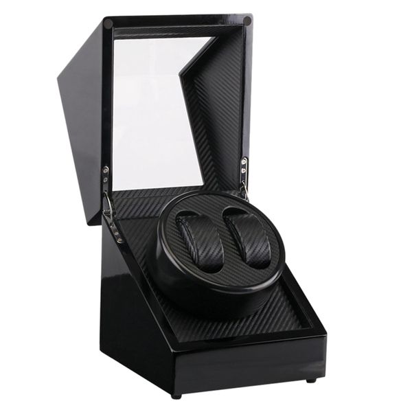

watch storage double watch winders wooden lacquer piano glossy black carbon fiber quiet motor storage display watches box, Black;blue