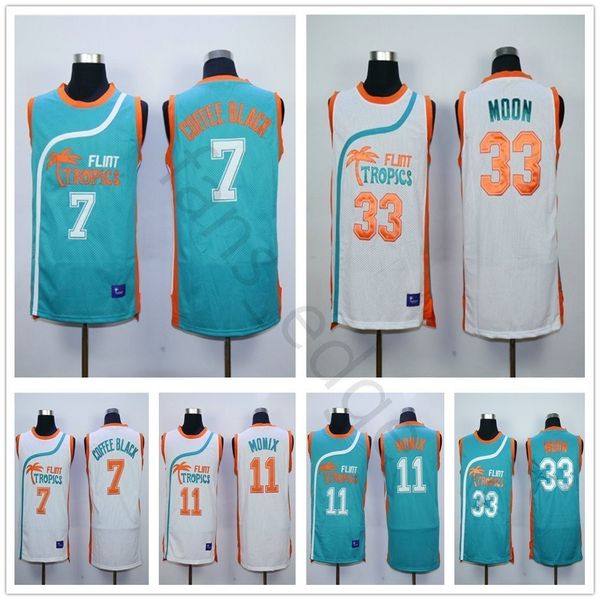 

jackie moon #33 flint tropical semi professional basketball movie jerseys stitched white green 11 monix 7 coffee black jersey, Black;red