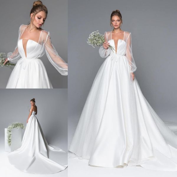 

amazing a line satin wedding dresses with long sleeves jacket sheer plunging neck bridal gowns sweep train robe de mariÃ©e, White