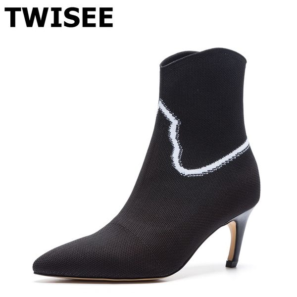 

women mid calf boots mixed colors selling autumn warm pumps point toe thin high heels 8 cm woman casual shoes comfort, Black