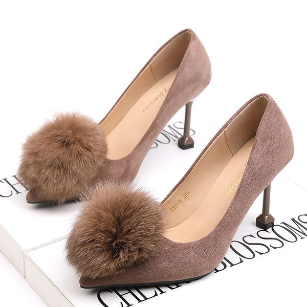 

furry ball elegant lady ol pumps pointed toe shallow flock thin high heels brief woman single shoes fur solid female footwear 40, Black