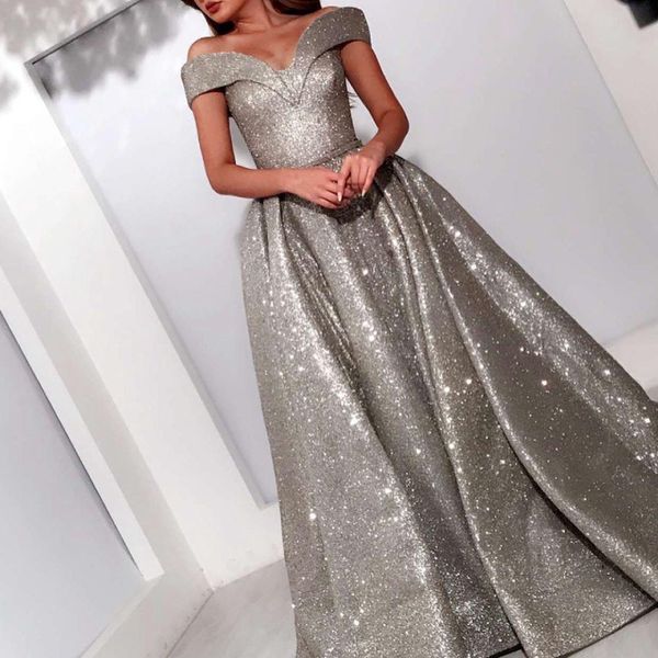 

2020 long plus size arabic prom dresses muslim evening silver sequined gowns formal party dress, Black