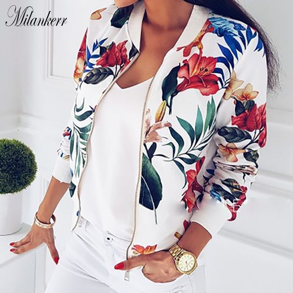 

new women ribbed trim flower print bomber jacket female autumn fashion long sleeve casual zipper jacket outwear loose, Black;brown