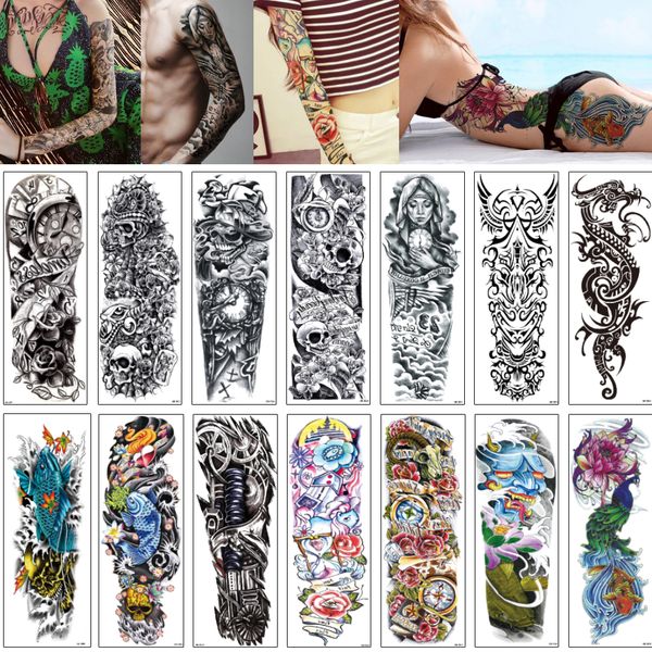 48x17cm Qb Fake Large Big Full Arm Sleeve Temporary Tattoo Skull Peacock Nun Flower Dragon Designs Sleeve Sticker Woman Man Body Tattoos Mix