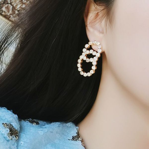 

women circle double loop ear stud girls faux jewels drop earrings alloy ear ring ornament, Silver