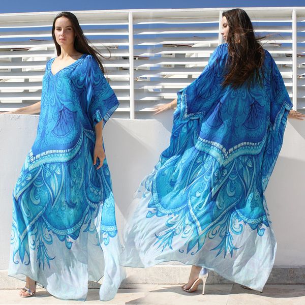 

oversize ocean blue bohemian printed kaftan beach dress plus size tunic women summer beachwear half sleeve maxi dress robe n669, Black;pink