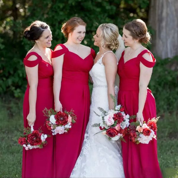 

elegant red long bridesmaid dresses off shoulder satin pleats prom dresses women formal wear custom made maid of honor dress, White;pink