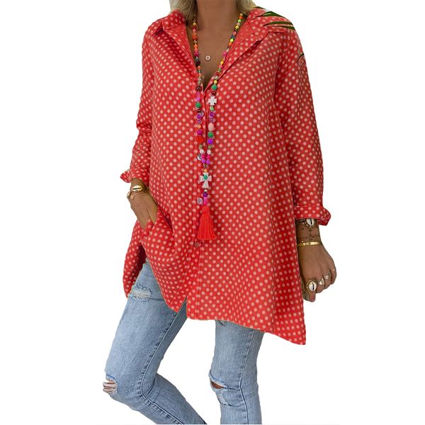 

women casual polka dots long shirt harajuku button down long sleeve tunic ladies fashion spotted loose blouse plus size 5xl, White