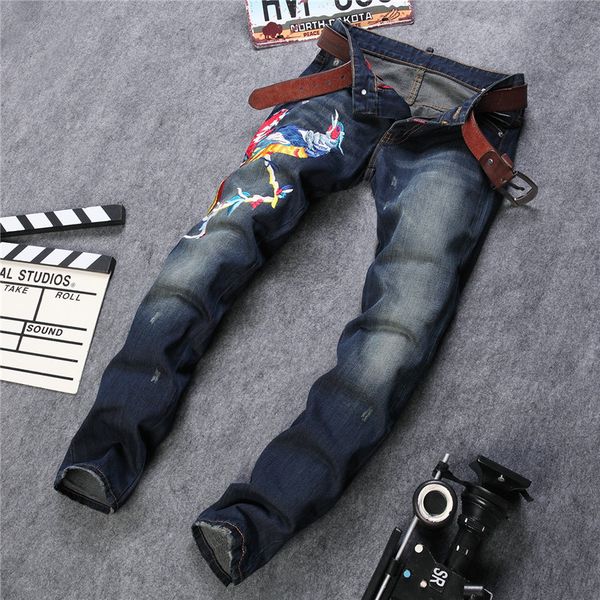 

jeans slim men's fashion wear white star same high-end personalized embroidery phoenix figure small straight pants, Blue
