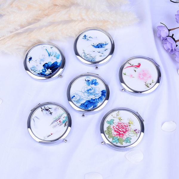 

double sided magnifying folding makeup mirror white and blue porcelain mirrors mini makeup compact pocket mirror