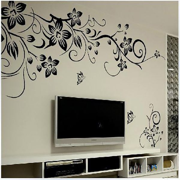 

New Fashion Black Flower Vine Wall Stickers Home Decor Romantic Flower Butterflies Living Room Bedroom Wall Sticker Wallpaper, Customize