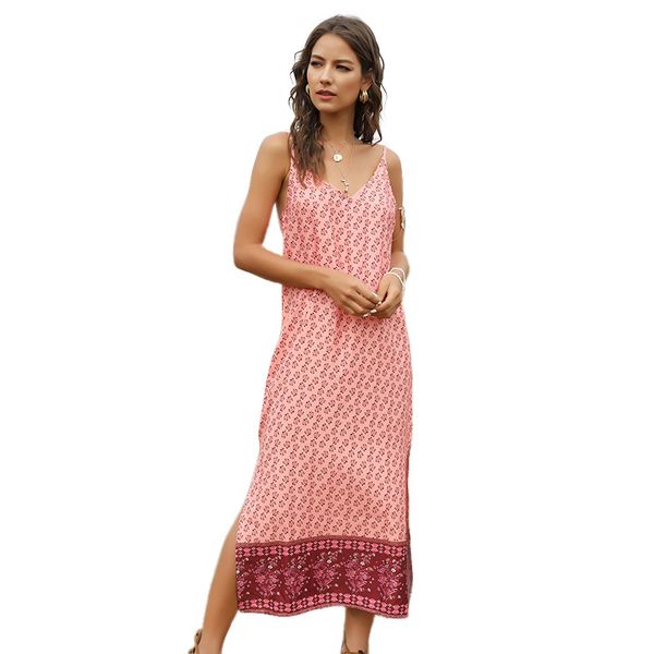 

new bohemian printed long slim split fork strap dress cross-border women