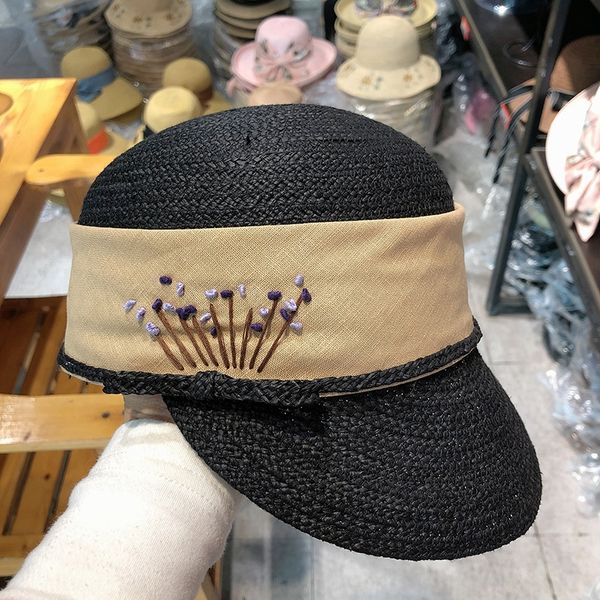 

japanese lafite cap women's handmade embroidery curved brim sun straw embroidered straw hat equestrian hat, Blue;gray