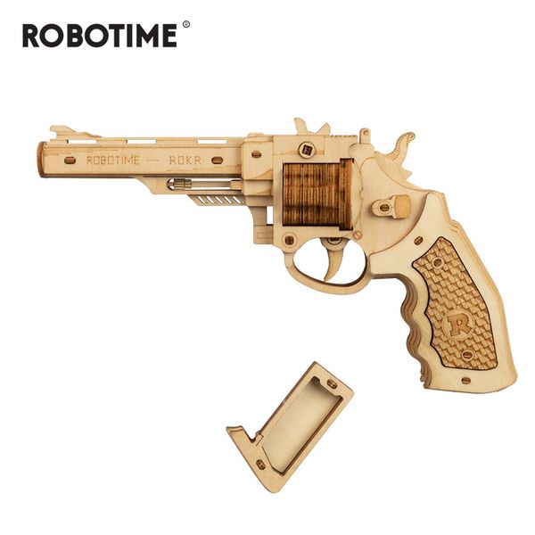 

robotime 102pcs diy 3d revolver with rubber band bullet wooden gun puzzle game popular toy gift for children lq401 y200414