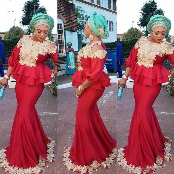 

красные с золотыми аппликациями вечерние платья русалка aso ebi с баской и рукавами выпускного вечера с длинными рукавами плюс размер, Black;red