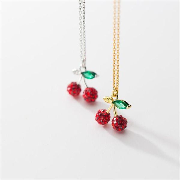 Fashion-novo flash cheio de cristal vermelho pequeno cereja 925 esterlina jóias de prata temperamento de frutas clavícula cadeia pingente colares H571