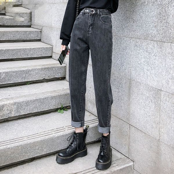 

mom jeans gray denim pants woman high waist boyfriend jean streetwear street style coated lace up washed harem pants korean, Blue