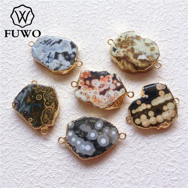 

fuwo irregular ocean jaspers gem stone connector with 24k gold filled edge fashion raw multicolor quartz stone wholesale pd190, Silver