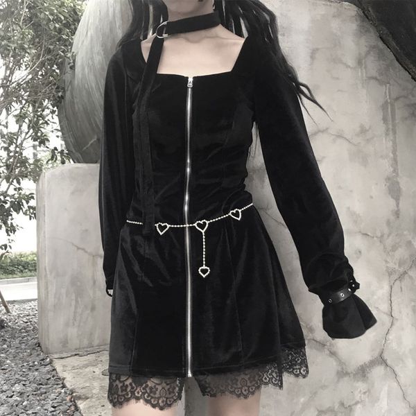 Collar Praça francesa retro Lolita Vestido Choker Halter manga comprida góticas trajes pretos 2019 Mulheres Party Club Halloween Vestidos