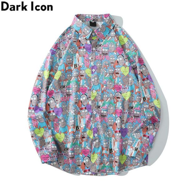

dark cartoon print men's shirt long sleeve turn-down collar shirts men man blouse male top, White;black