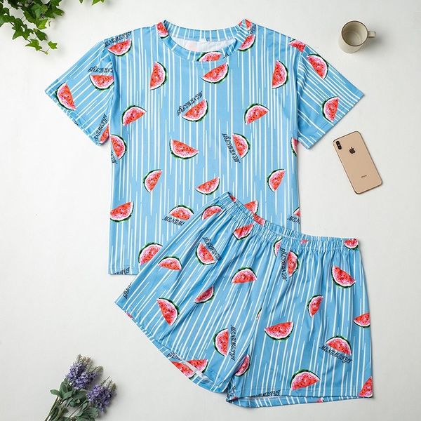 

4xl plus size women summer nice pajama sets watermelon printing short sleeve pajamas soft pijamas sleepwear autumn homewear, Blue;gray