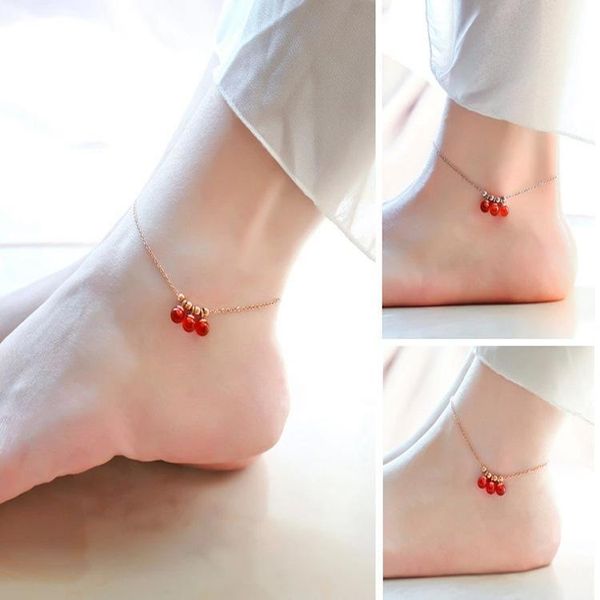 

2020 new double-layer bead chain copper coins bell tassel red agate anklet rose gold anklet female jewelry, Red;blue