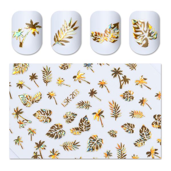 

1pc holographic gold 3d nail sticker coconut tree leaf holo laser adhesive decal sticker manicure nail art decoration, Black