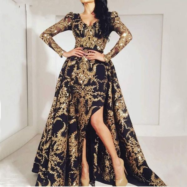 

Gold Sequines Black Mermaid Evening Formal Dresses 2019 Long Sleeve Prom Gowns Overskirts Middle East Evening Wear Plus Size yousef aljasmi