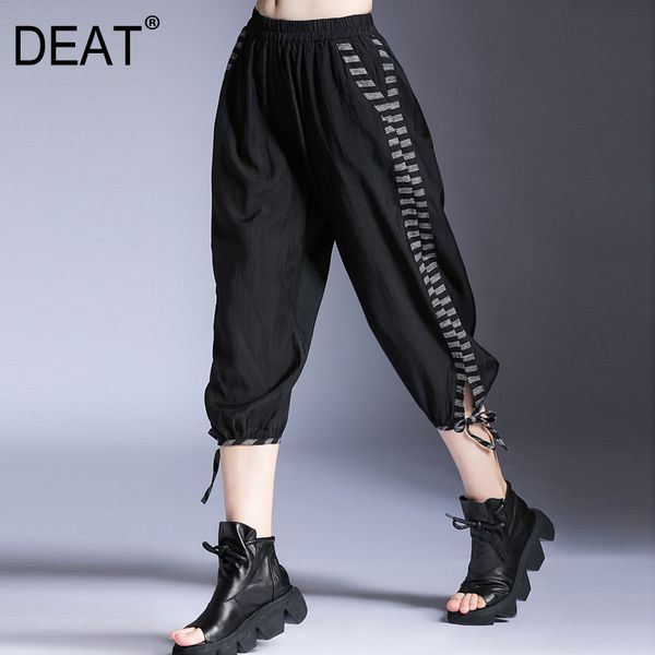 

deat] 2020 elastic waist loose trousers streetwear tassel plaid harm pants women's seven length fit new summer fashion ar498, Black;white