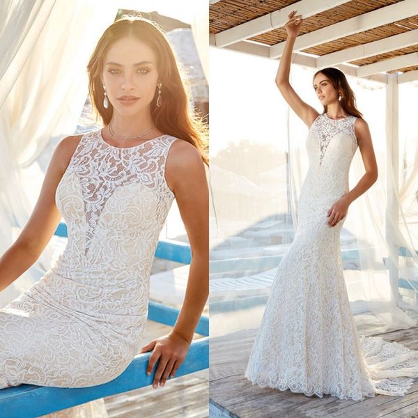 

2019 eddy k beach mermaid wedding dresses jewel neck lace appliques bridal gowns zipper back boho wedding dress cheap, White