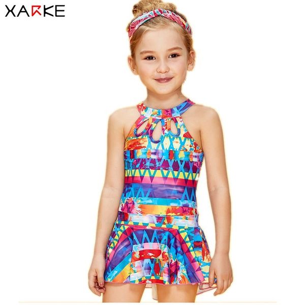 

xarke one piece swimsuit for girls skirted bathing suit baby girl swimwear print halter kids bathers children swimming suits, White;black